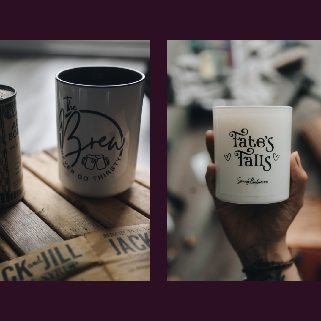 White mug with “The Brew” text and candle labeled “Fate’s Fall”—SteamyBookworms dark romantasy bookish merch set.