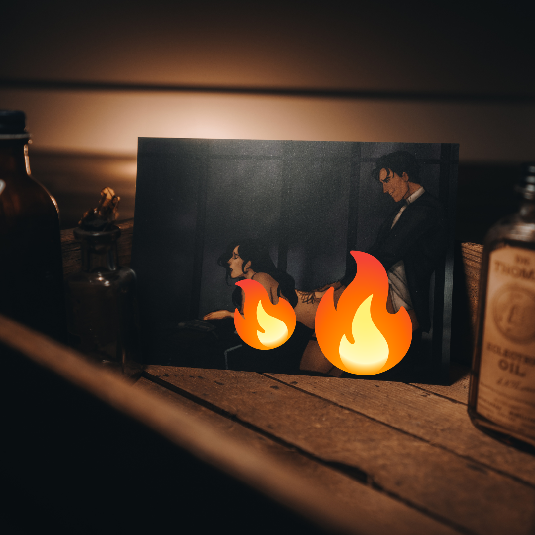 Spicy image of a couple in a suggestive pose with flame emojis for modesty SteamyBookworms monster romance sticker art.